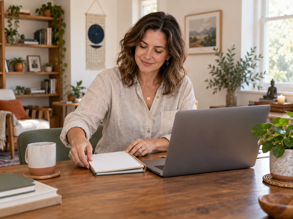A studio owner planning online classes at her desk